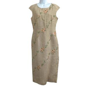Talbots Maxi Linen Dress Floral Embroidery Cap Sleeve 10 Neutral Coastal Summer